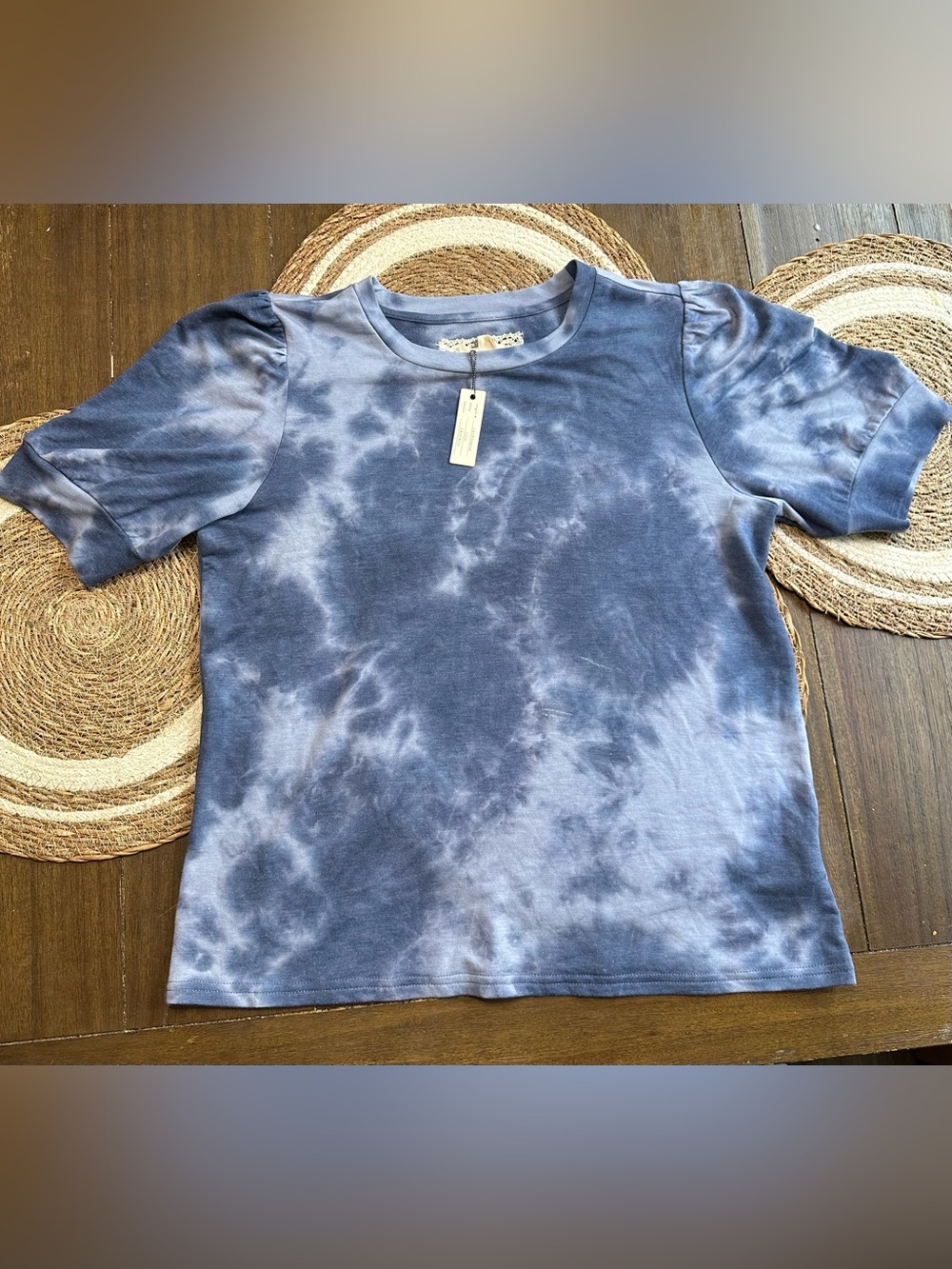 Cupio Blush NWT Blue Gray Tie Dye Puff Sleeve Top Women’s Large